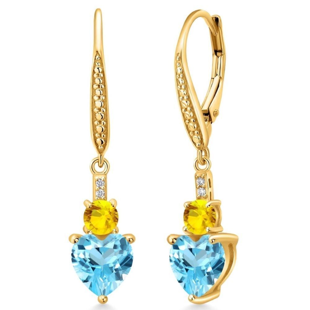 18K Yellow Gold 3.75 Cttw Swiss Blue Topaz and Yellow Sapphire Heart Earrings